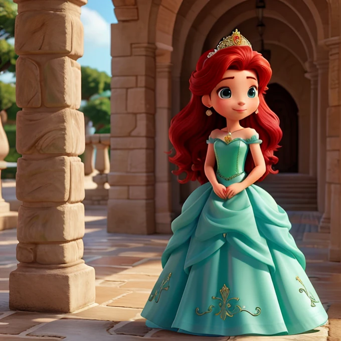 Princesa Ariel virada de costas vestido verde longo e volumoso cabelos vermelhos na varanda do castelo