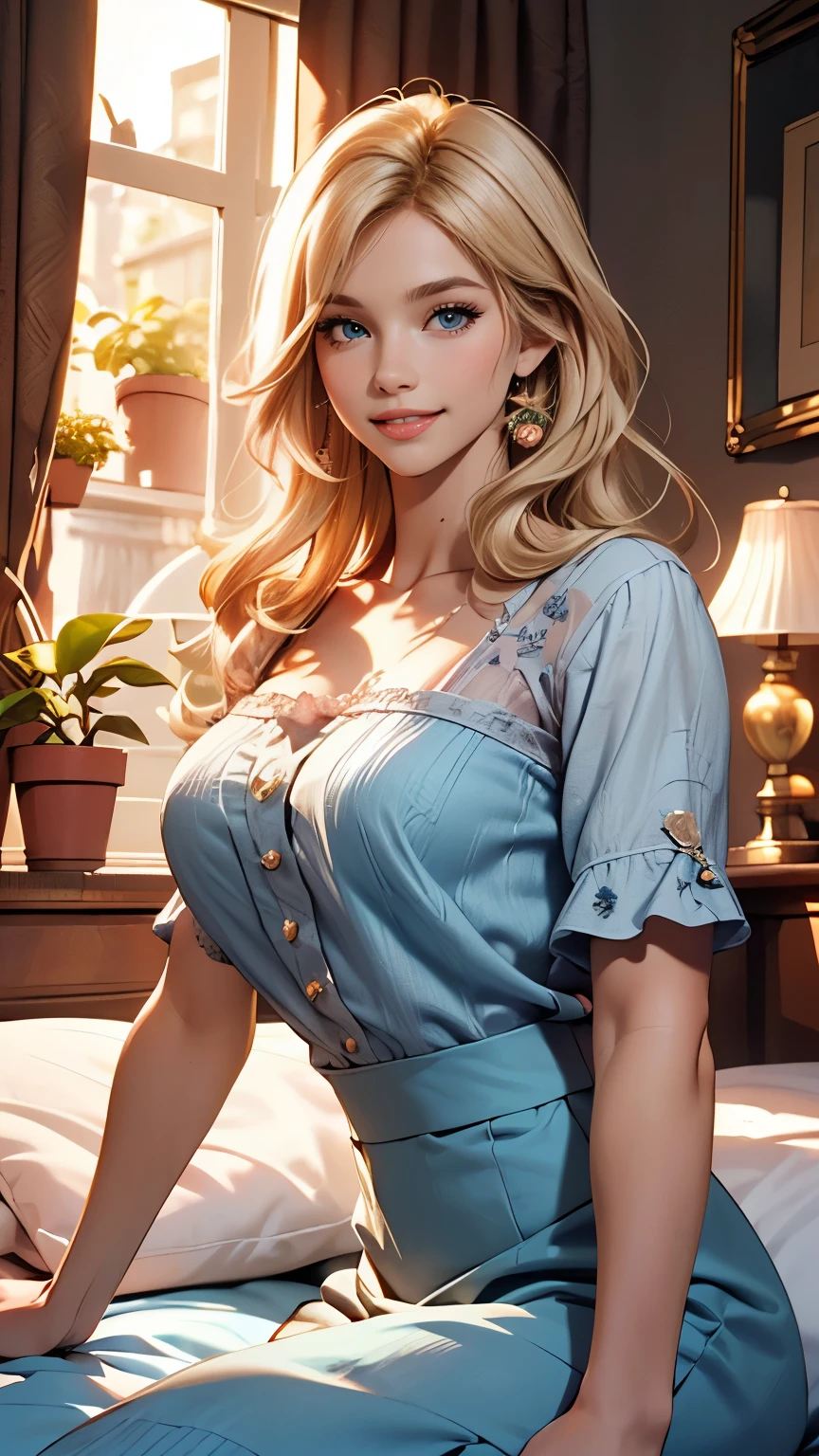 Delicate and beautiful CG art),(highest quality, Very detailed, High resolution),(Dynamic Angle, Dynamic Lighting),(One character),(Long pink and blonde hair), blue eyes, Beautiful Face), 1 girl, (Long sideburns, plant, smile, shirt blue dress and mini skirt, bedroom