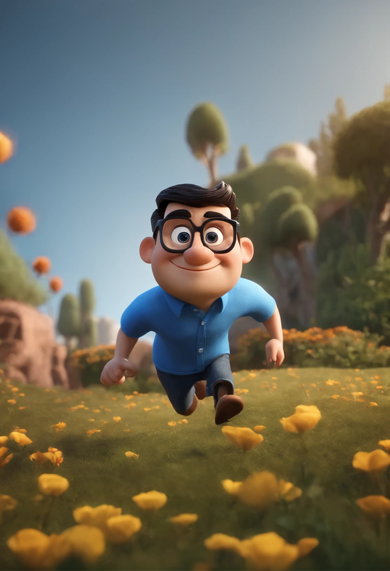 Cartoon character of a man in black glasses and blue shirt, um personagem animado, Caractere estilizado, animation style rendering, 3D estilizado, Arnold Maya rendering, Stylized 3D rendering, toon render screenshot, Personagem 3D, Personagem 3D, Stylized 3D rendering, 3D character rendering, personagem de desenho animado, Personagem de close up, Pose de personagem, (Estilo Pixar) (parte mestre:1.2) (Bokeh) (melhor qualidade) (pele detalhada) (textura detalhada) (8K) (argila) (cinematic lighting) (sharp focus，Senta e vaza a parte superior do corpo