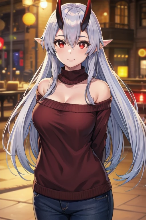 masterpiece, best quality, 1girl, tomoe gozen, torino style, glowing red eyes, smug smile, hair between eyes, silver long hair, elf, oni horns, sweater, bare shoulders, cleavage, hands behind back, ultra-detailed, realistic, photorealistic, HDR, UHD, studio lighting, ultra-fine painting, sharp focus, physically-based rendering, extreme detail description, professional, vivid colors, bokeh