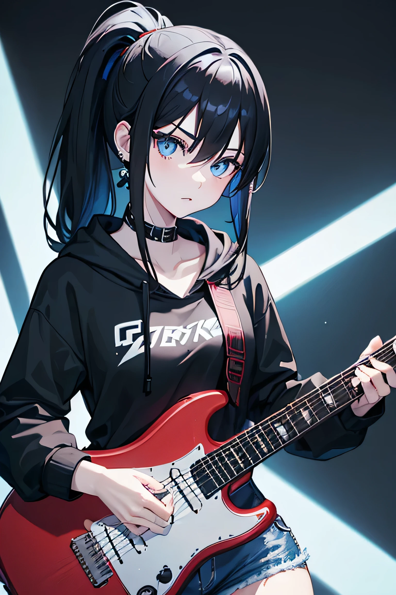 (Rocker girl playing guitar), black hair girl, ((((blue eyes))))、 Super high quality, 8K、Upper body、 black background、 (black hoodie), ((((Young face)))), ((Red Electric Guitar)), denim shorts, (Pleased),(Long ponytail), (big tits),(((pale skin))),