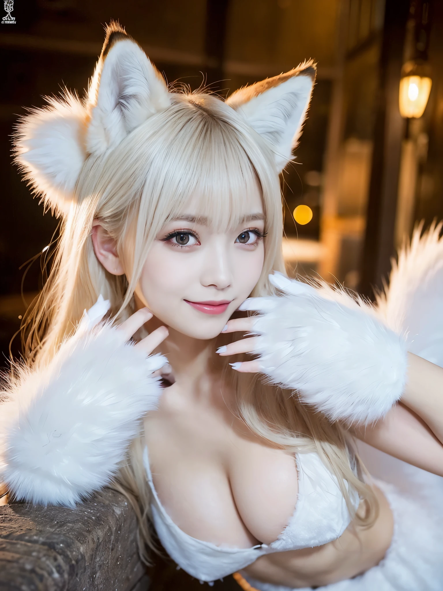 ( Masterpiece, highest quality), 98k, ((Perfect Anatomy:1.3)),Beautiful Japanese Women, Succubus,alone, 20-year-old, Small face,(Cute face:1.2),Smiling, Larger breasts, ,Beautifully detailed round eyes, Evenly spaced eyes 1.2, Long platinum blonde hair,Random Hair, (Highly detailed face and skin texture), Beautiful face in golden proportions,White skin,Accentuate your beautiful legs,(Fox::1.2),(Fur dress:1.2),(Fluffy Fox Paw Gloves:1.2),(Fluffy tail),Random poses, The background is the underworld