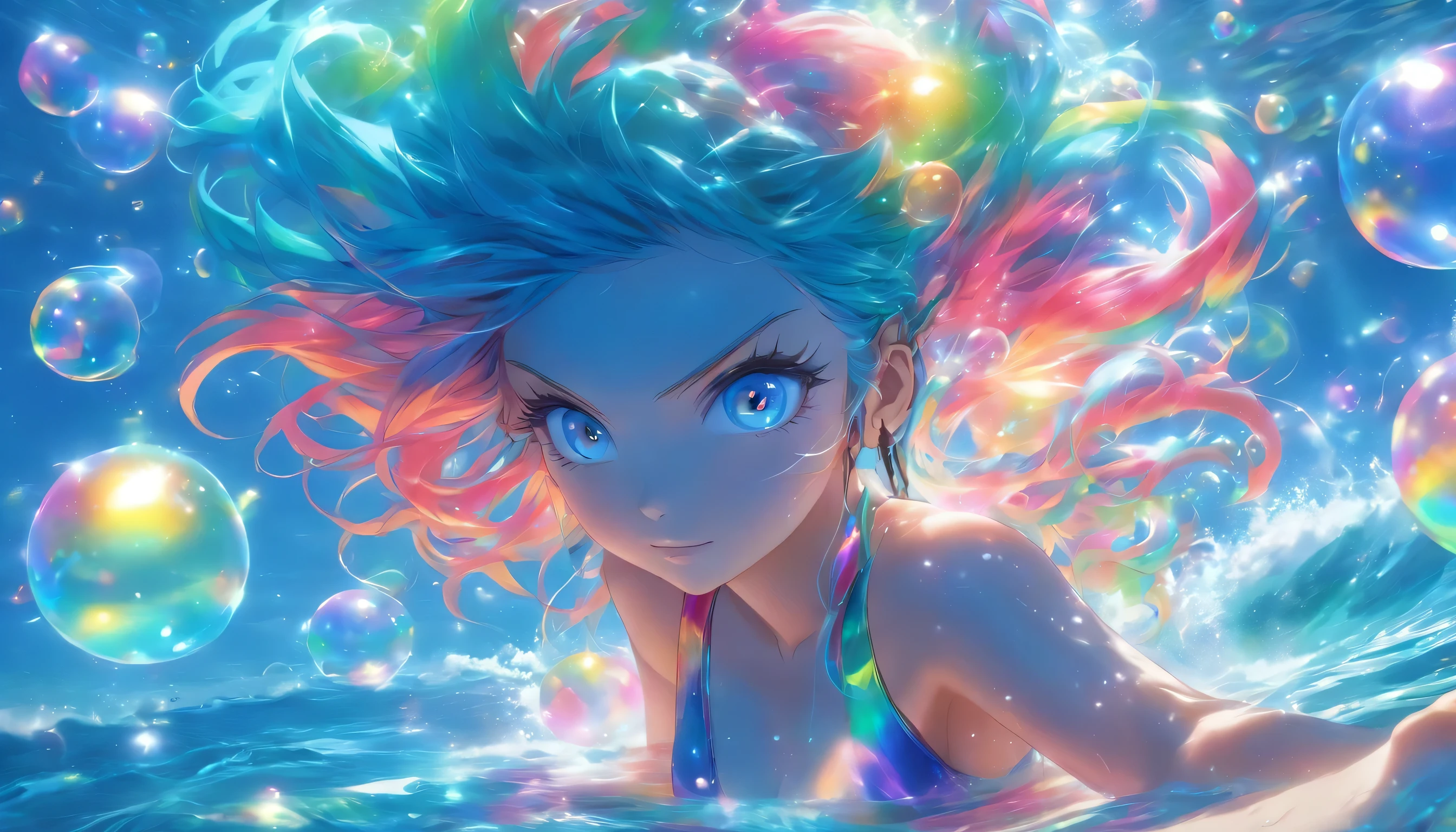 Transparent color PVC clothing, Transparent Vinyl Bikini, Prismatic, Holographic, chromatic aberration, Fashion Illustration, masterpiece, DJ Girl,, 8k, Super detailed, Pixiv、((profile))、((Colorful Hair))、((Wearing futuristic headphones))、((I'm sticking out my belly button))、((Swaying bust))、(((Rainbow Hair)))、((Too big boobs))、((Jumping))、(((In the water ocean)))、((Narrow waist))、(((Long legs)))、String swimsuit、((blue eyes))、(((Many glowing bubbles)))
