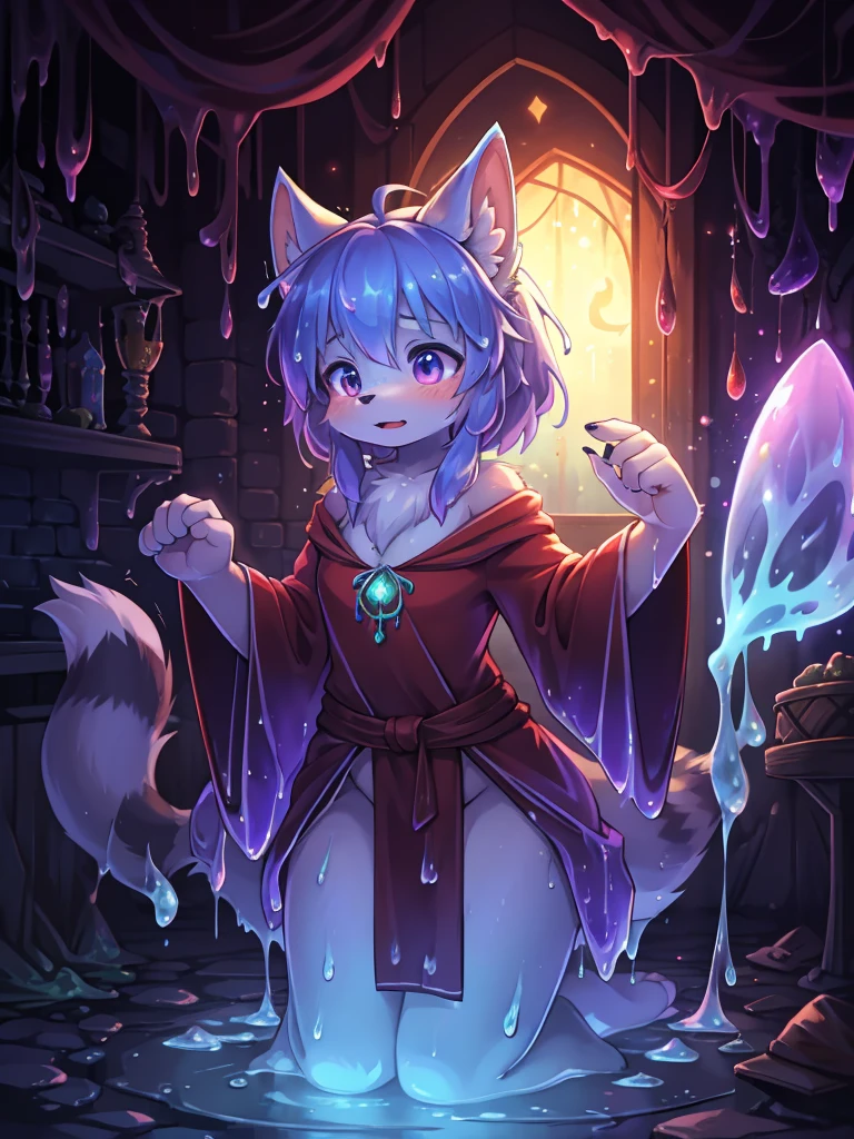 Hallucination, daydream , Fear , bokeh , hairy fur , apparitions and racoon dog girl , what a wonderful fantasy world , magician's robe , inside haunted dungeon , Slime attacks , Slime sticks , splash slime