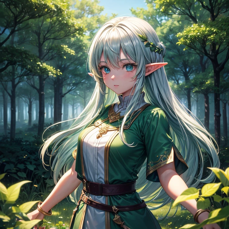 (8k, super details, award winning, high res), anime illustration, two elf girls. One with long silver hair, green eyes. The other with short golden hair, blue eyes, in a green tunic. Set in a magical forest with glowing flowers and ancient trees.