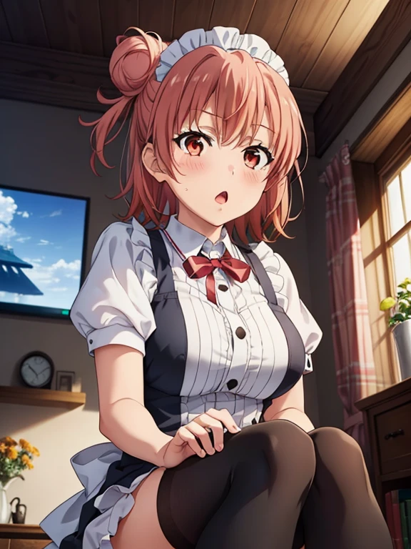 ((masutepiece, Best Quality, hight resolution, nffsw, Perfect Pixel, depth of fields, 4K, )), 1girl in, Solo, , Beautiful anime girl, Beautiful Art Style,
very low view angle:1.3, view from below:1.5, sky from below:1.5, living room background, kneeling:1.5,
Perfect body, :o:1.5 black stockings:1.5, white maid uniform:1.3,
Yuigahama Yui, Hair bun, short hair, large breasts,
Full face blush, red face,
straight on:1.3, medium shot