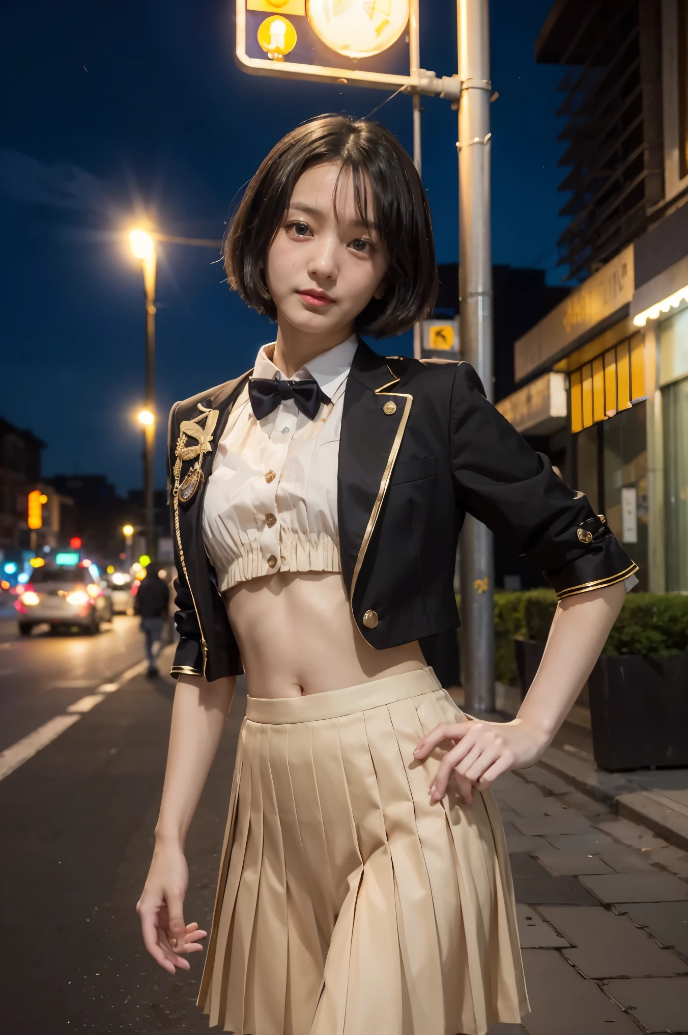 cute young Woman, short black Hair, Brown Eyes, Empress,pleated skirt suit,street lamps,neons,bustling street background,(navel:1.1,princess eyes), Nobility, Royalty, High Quality, Masterpiece, Highly Detailed