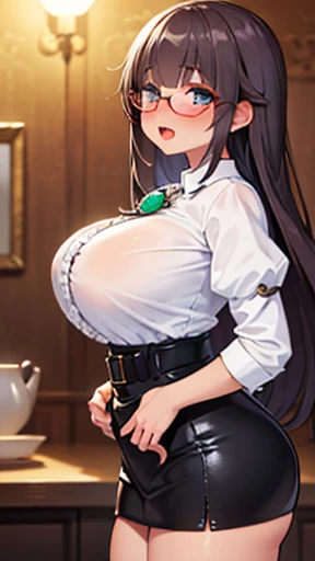 ((masterpiece:1.4)), ((highest quality:1.4)), ((masterpiece)), ((highest quality)), ((Intricate and detailed:1.4)), ((Super detailed)), Absurd resolution, perspective, dynamic, Very detailed, Bokeh, 8k,Official Art,Very detailed CG ユニティ 8k 壁紙, Cinema Lighting, Rim Light, Dim lighting, Ambient Lighting, One girl,20-year-old female,Mature Woman, Best Shadow,Detailed skin texture, Beautiful face in every detail, One girl,alone,View Viewer, Shiny skin,Charm,Beautiful detailed long black hair,(Blunt bangs:1.3), "blue eyes", compensate, Thick eyelashes, eye shadow, Beautiful Eyes, Hyper Detail, Super detailedな目, blush,Sharp eyes, Lips closed, ((Huge breasts:1.4)), Symmetrical breasts, ((Edge Quality,blouseを着た女性,and a short leather skirt:1.3))((Wearing EDGCT,blouse:1.4)), ((emerald brooch|Puffy sleeves|Frills:1.4))|((Shirt buttons:1.2)), ((Waist belt, Black leather short hot pants combo garter belt, stockings)),((Curved body,Slim waist,Wide Hips,Thighs)), Fits perfectly to the skin, Leg gap, 美しいThighs, Beautiful legs, Long legs, (Perfect hands), (Wear glasses:1.3), indoor ((Against the backdrop of a medieval aristocratic mansion,playful nature:1.4))(Blurred Background:1.2), Detailed Background, ((Cozy atmosphere:1.3)), Thighs, ((Are standing)(Are standing:1.2)), (Purelos Face_v1), Edge Hime cut, ((From the side)), Tall Woman,Nipples showing through white shirt,Shiny skin, (Huge breasts: 1.5),((orgasm,blush,Ahegao,saliva,saliva trail:1.1)), Sweat a lot,Pussy juice,Show me that place
