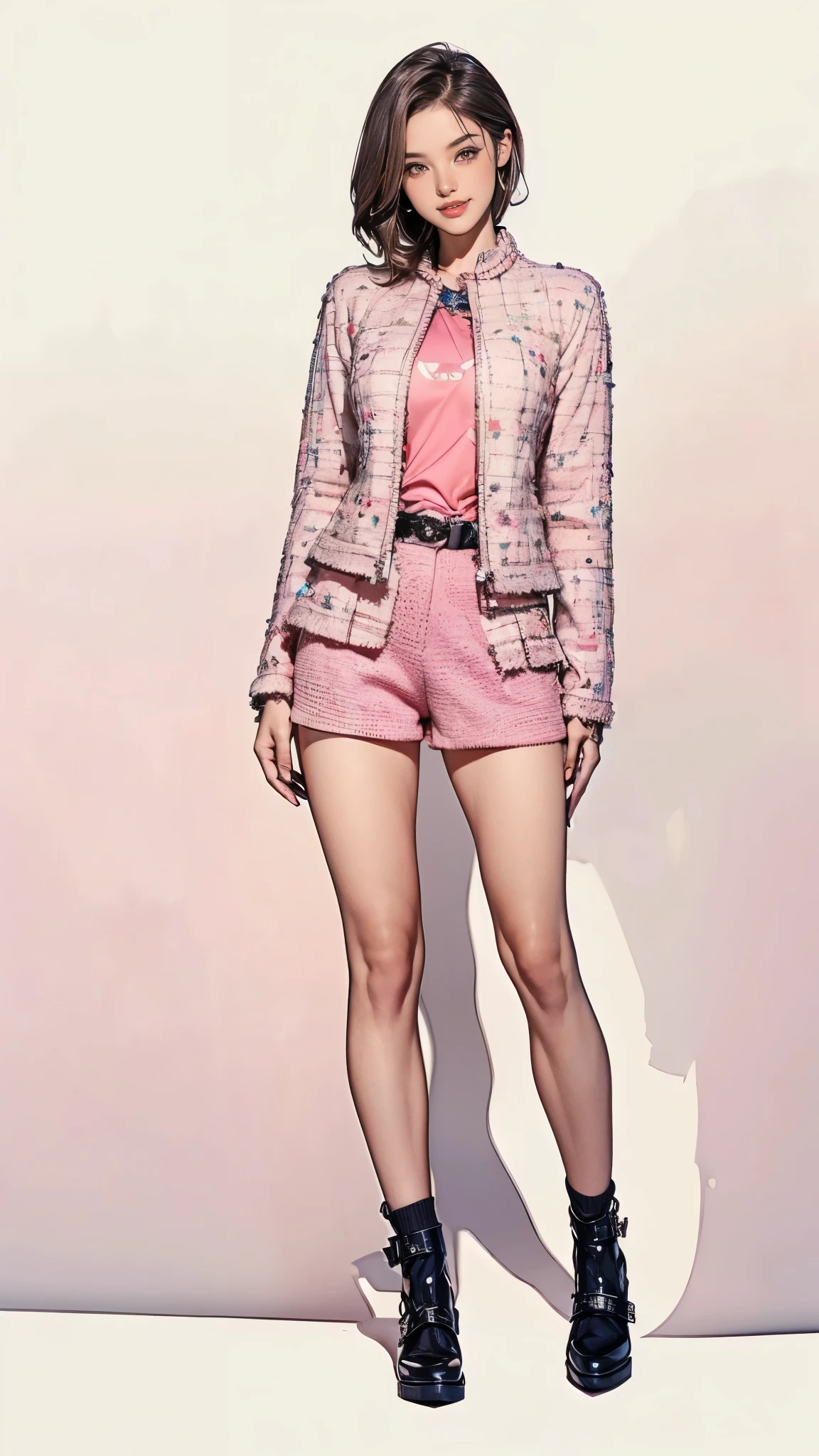 ((best quality,4k,highres,masterpiece:1.2)),((character concept art)), 1 female, age 17, Japanese. Known for her lively personality and friendly demeanor, she radiates an outgoing charm. With her contagious smile and bright eyes, she effortlessly draws people towards her. Her body language is as inviting as her personality, always open and engaging. (((She's usually seen in a Chanel Pink Tweed Jacket and Chanel Pink Tweed Shorts))), her casual and comfortable persona reflected in her relaxed manner of wearing them. ((intricate detail)), super finely detailed hands, ultra finely detailed fingers(((ten fingers))), (standing confidently), (full body showcase), (show full body), (no logos on background), (no logo), ((plain background)), ((plain background)), (((empty background))).