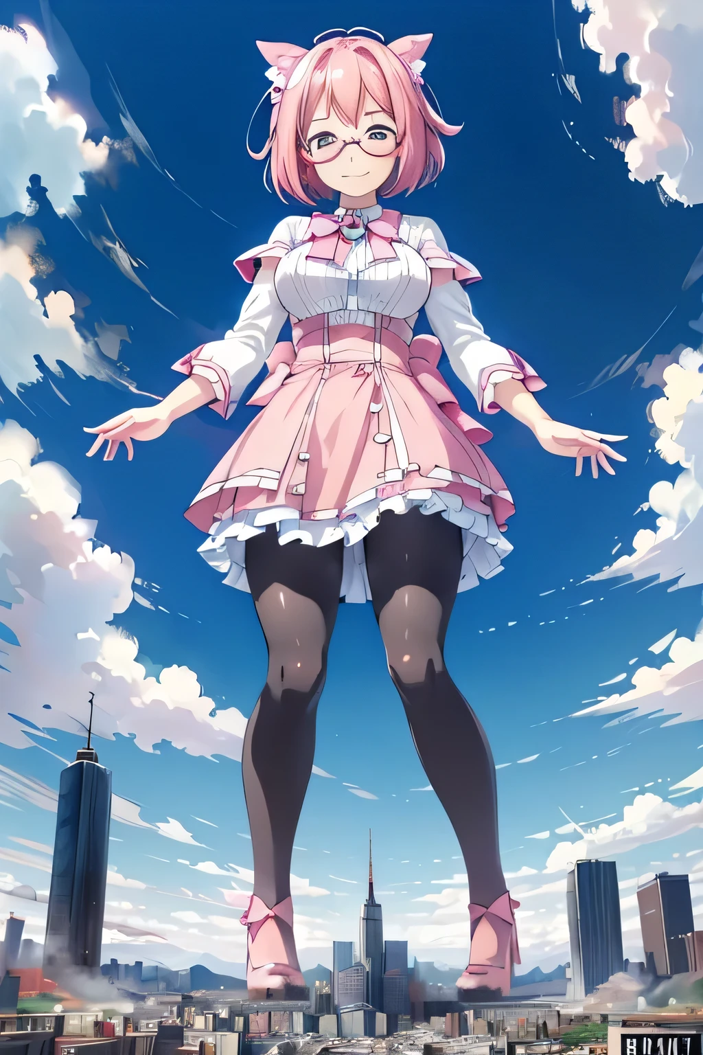 giantess art, highly detailed giantess shots, giantess, Two legs, Five fingers, short hair, A beautiful girl who is bigger than a skyscraper, Wearing rimless glasses, smile, Big Breasts, pink dress, bow, magical girl, magical girl wand, black pantyhose, pink stiletto heels, Destroying cities, A very small big city, Miniature metropolis, Full body description, GTS, giga giantess, stomping city, crash city, tiny city, micro city, pantyhose feet, High resolution, highest quality, masterpiece, 