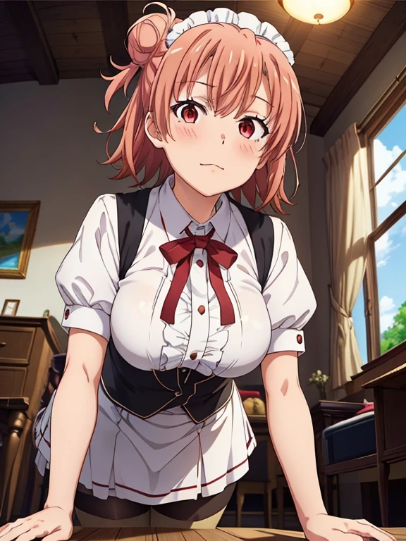 ((masutepiece, Best Quality, hight resolution, nffsw, Perfect Pixel, depth of fields, 4K, )), 1girl in, Solo, , Beautiful anime girl, Beautiful Art Style,
very low view angle:1.3, view from below:1.5, sky from below:1.5, living room background, standing:1.5,
Perfect body, :):1.5 black stockings:1.5, Lower your eyes:1.5, white maid uniform:1.3,
Yuigahama Yui, Hair bun, short hair, large breasts,
Full face blush, red face,
straight on:1.3, medium shot