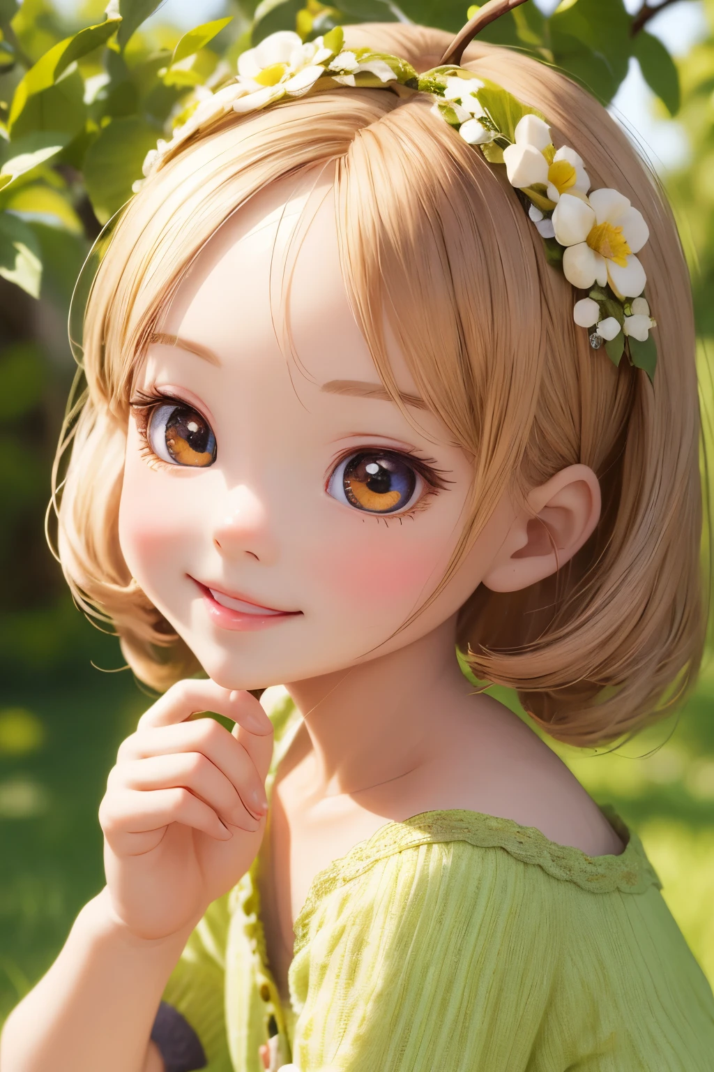 Photorealistic、Chibi Girl Doll(Apple-themed clothing、Have a magic wand、smile),8k, photorealistic, beautiful detailed eyes, beautiful detailed lips, extremely detailed face and skin, intricate details, vibrant colors, natural lighting, pastoral, serene, tranquil, cozy, cute, adorable, kawaii