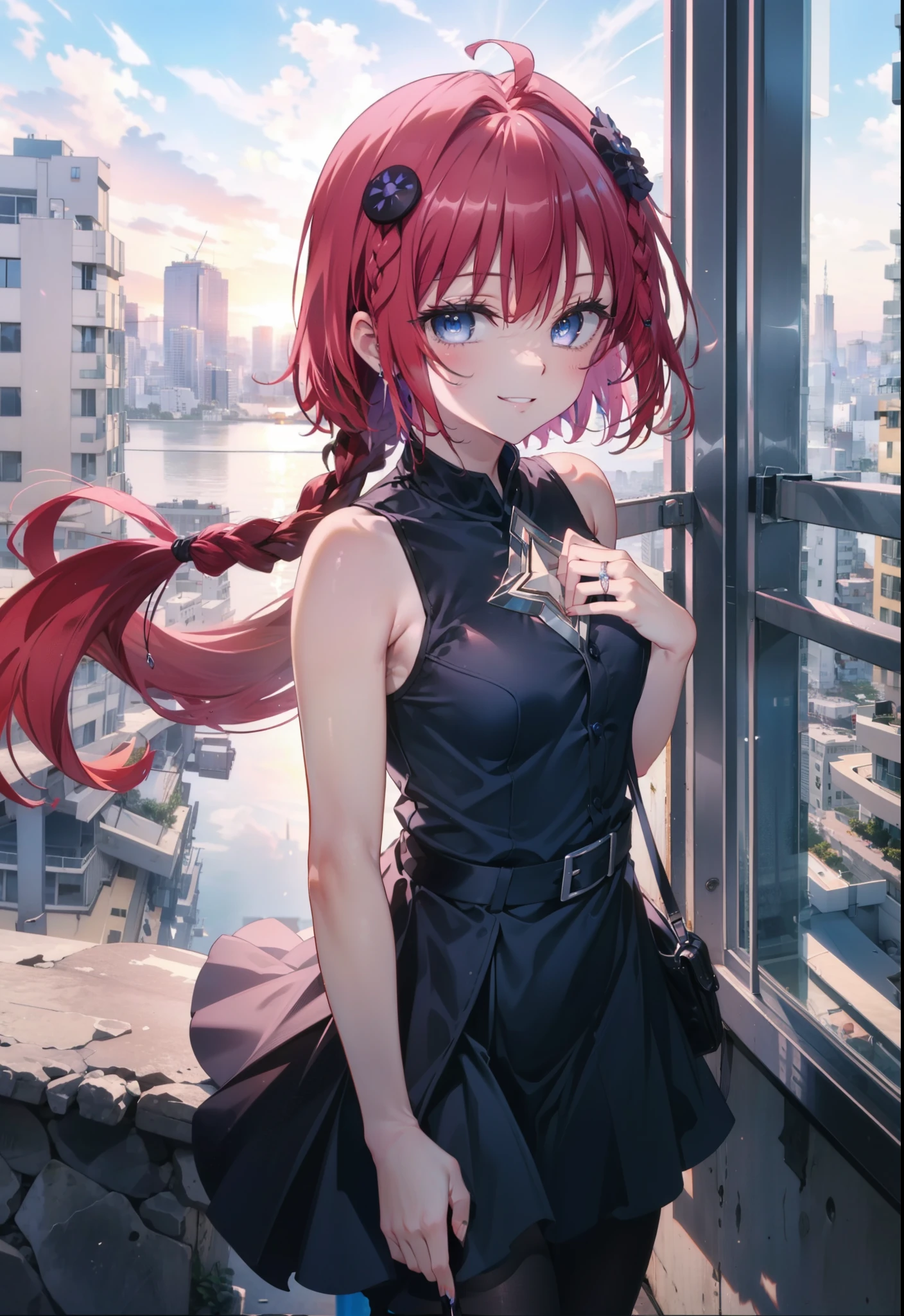 (masterpiece, highest quality:1.2),shape,8k,High resolution,kurosaki mea,Red Hair,Long Hair,Long braids,Purple eyes,1 girl,happy smile, smile, Close your mouth,,Sleeveless black dress,Bare arms,black long skirt,Black pantyhose,Stiletto heels,evening,Sunset,The sun is setting,Looking up or down,
break looking at viewer,Upper Body, (Cowboy Shot:1. 5)
break outdoors, Coastal Road,
break (masterpiece:1.2), highest quality, High resolution, unity 8k wallpaper, (shape:0.8), (Beautiful and beautiful eyes:1.6), Highly detailed face, Perfect lighting, Extremely detailed CG, (Perfect hands, Perfect Anatomy),