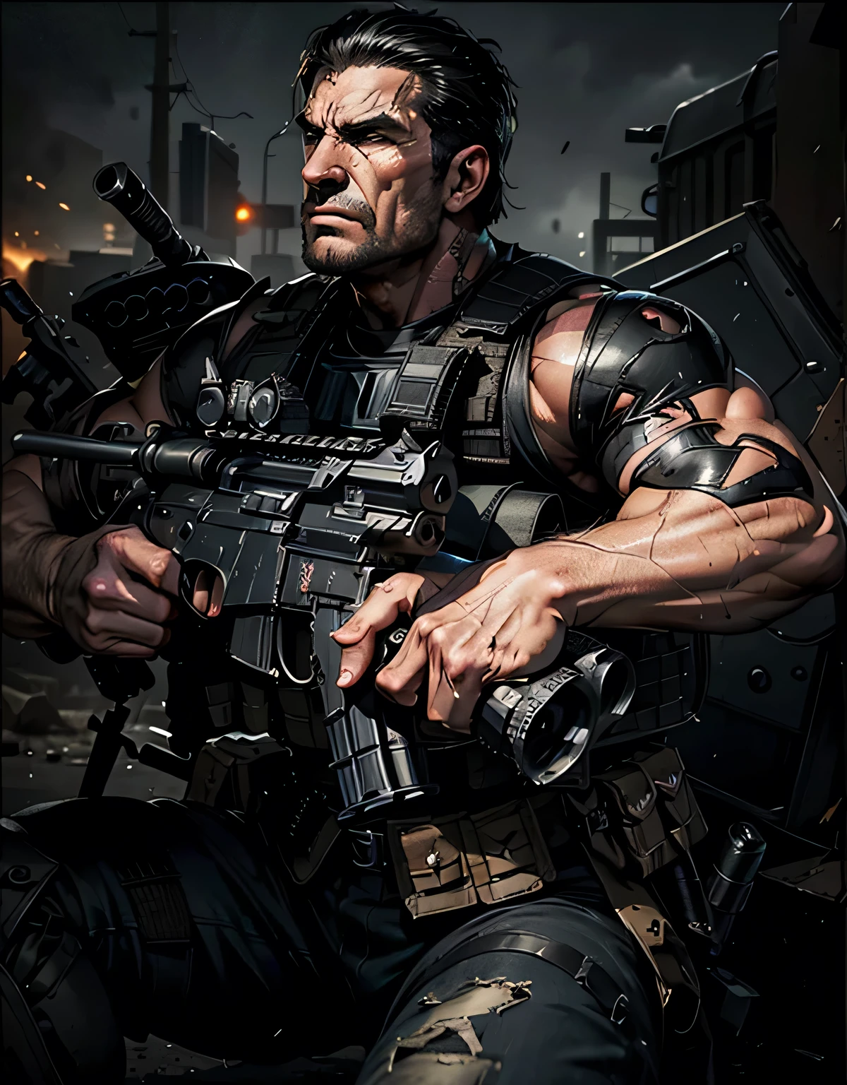 A highly detailed, hyper-realistic, cinematic image of a very angry Punisher, Frank Castle, storming with full weapons gear, machine gun, against his enemies, dramatic lighting, gritty, dark and grungy, cinematic composition, moody, intense, high contrast, masterpiece, 8k, photorealistic, chiaroscuro, dramatic shadows, muscular figure, tactical vest, combat boots, intense facial expression, gritted teeth, piercing eyes, tactical gear, assault rifle, action pose, debris, explosions, chaos, dramatic atmosphere