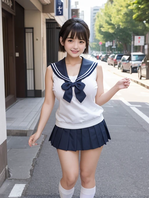 A beautiful Japanese girl with short hair and a baby face smiles。Her big breasts are exposed through her sleeveless sailor uniform.。Huge areola and nipples are dark brown。Pleated skirt is short、Her legs are spread wide, exposing her plump thighs and white panties.。Loose socks and black loafers。Background on the street in the city。