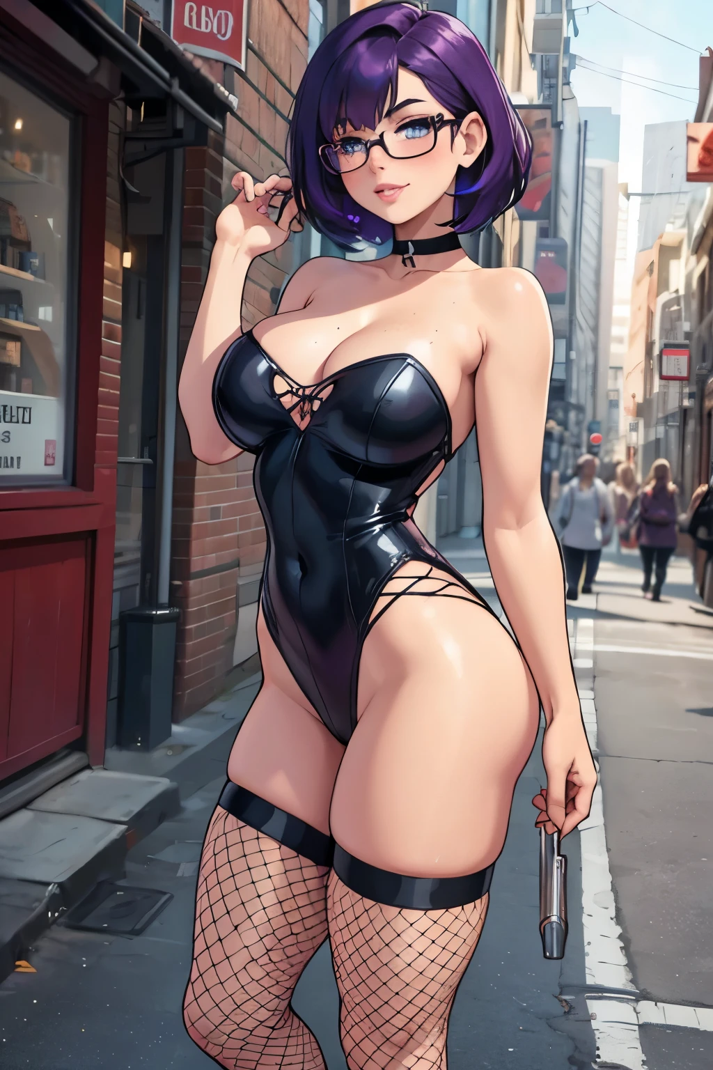 Beautiful young teenager, 1girl, purple hair, blue eyes, extremely short hair, freckles on face, happy, smiling, blushing, thin frame eyeglasses, thick lips, full lips, huge breasts, extreme cleavage, deep cleavage, very thin body, strapless tube top, midriff, tiny pleated miniskirt, sleeveless, bare arms, fishnet leggings, high heels, choker, perfect anatomy, city alley background, ultra-detailed, 4k, 8k, best quality, masterpiece, detailed background