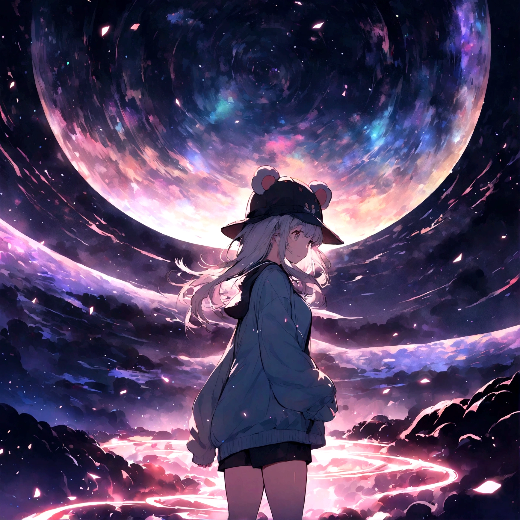 Cute Bear, Wear trendy sweatshirts,Wear a hat, Fantasy, Accent lighting, Facing forward、Spectral Color, Anime Big Tits, A winding road lit by millions of stars.