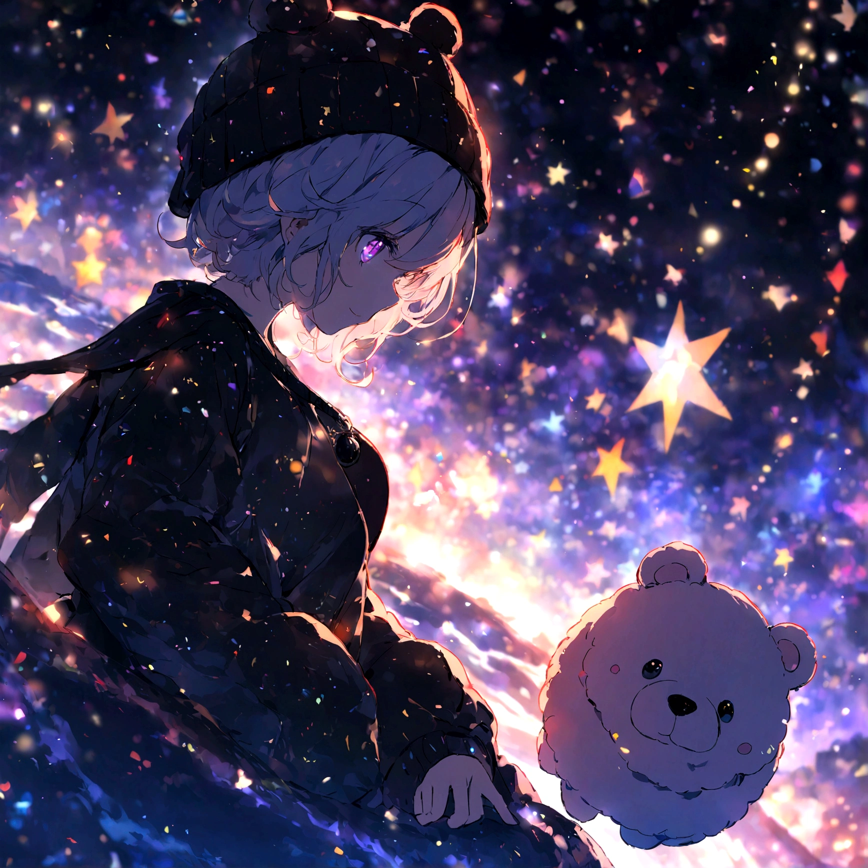 Cute Bear, Wear trendy sweatshirts,Wear a hat, Fantasy, Accent lighting, Facing forward、Spectral Color, Anime Big Tits, A winding road lit by millions of stars.