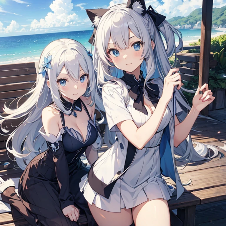 (top-quality、8K、masutepiece))Anime characters with long gray hair and blue eyes、anime visual of a young woman、Today's featured anime stills、white haired god、Official art、Anime visuals of cute girls、popular isekai anime、Tsuaii、Marisa Drizzle、Animated Movies、Still from TV anime、in isekai、hestia、albedo from the anime overlord　Transparency　Sexy white and blue dresses　Beautiful beach　a miniskirt