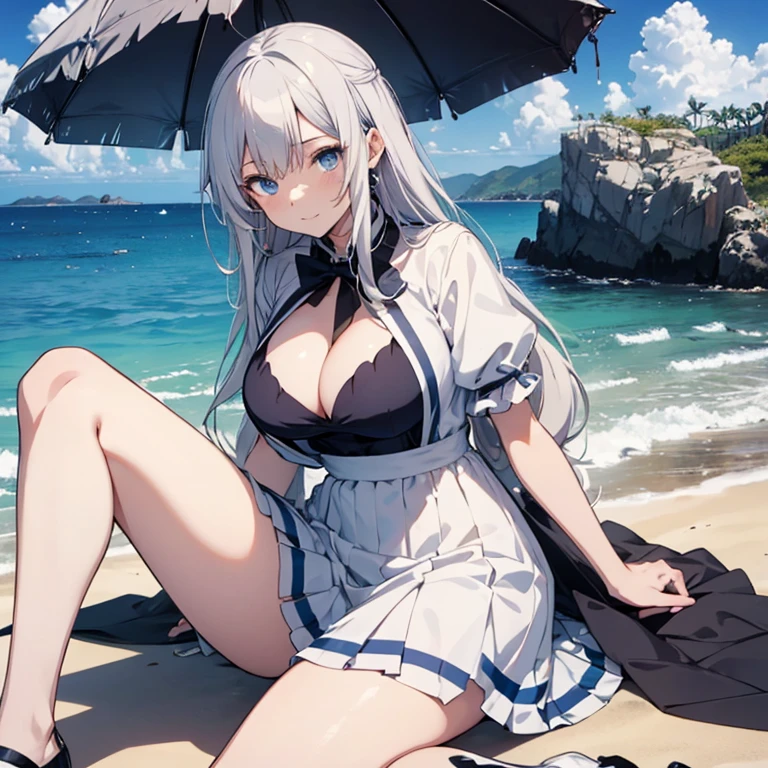 (top-quality、8K、masutepiece))Anime characters with long gray hair and blue eyes、anime visual of a young woman、Today's featured anime stills、white haired god、Official art、Anime visuals of cute girls、popular isekai anime、Tsuaii、Marisa Drizzle、Animated Movies、Still from TV anime、in isekai、hestia、albedo from the anime overlord　Transparency　Sexy white and blue dresses　Beautiful beach　a miniskirt