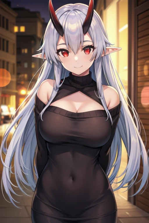 masterpiece, best quality, 1girl, tomoe gozen, torino style, glowing red eyes, smug smile, hair between eyes, silver long hair, elf, oni horns, sweater, bare shoulders, cleavage, hands behind back, ultra-detailed, realistic, photorealistic, HDR, UHD, studio lighting, ultra-fine painting, sharp focus, physically-based rendering, extreme detail description, professional, vivid colors, bokeh