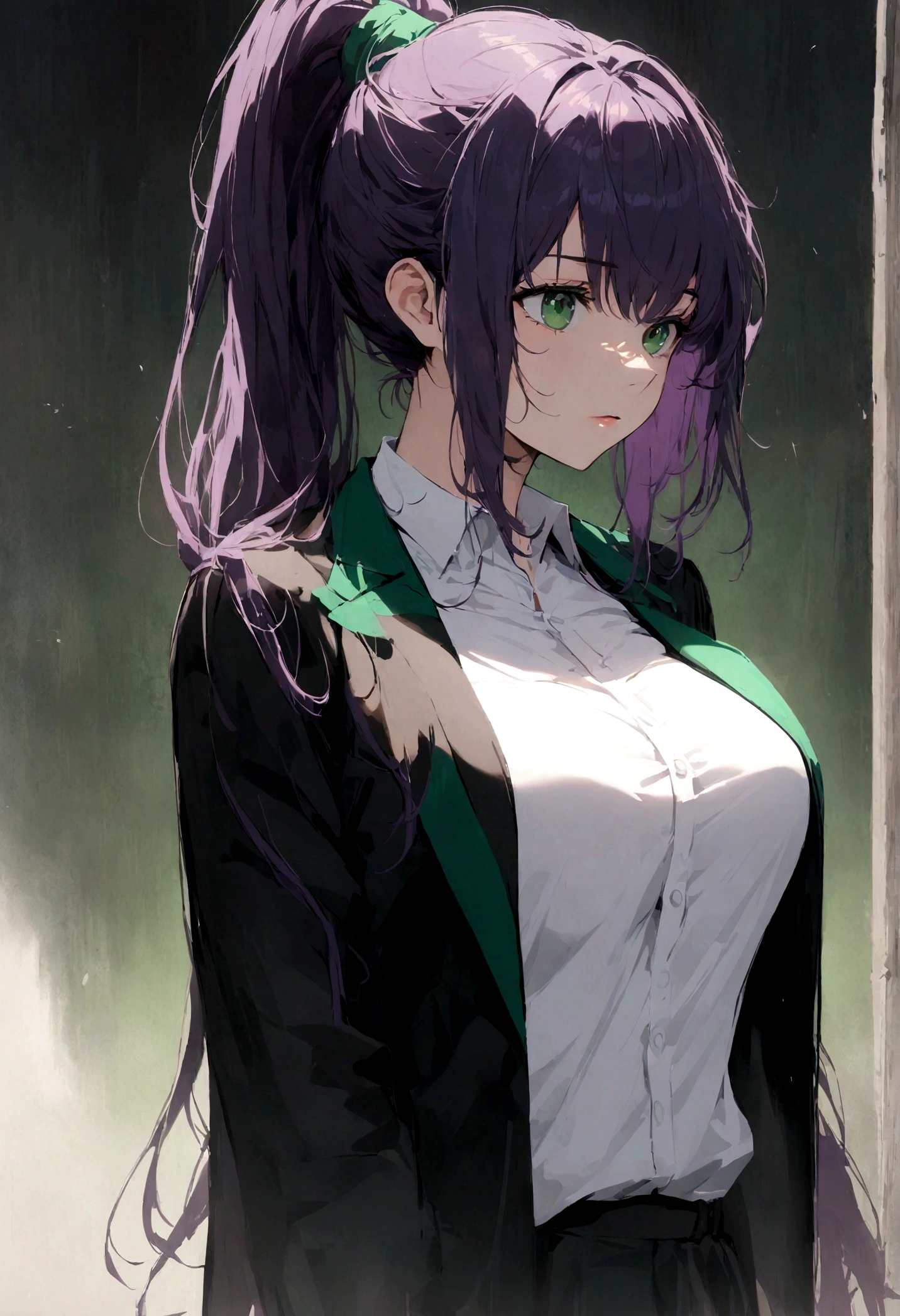 young woman, long straight dark purple hair, high ponytail, few strands of hair at the side of her face sharp emerald green eyes,black jacket, white shirt, large , cowboy shot, volumptios body, open shirt, evil smile, dark aura, monster controlling the woman