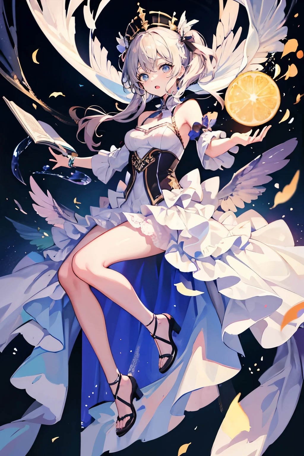 (Pieces fly), (highest quality), Very detailed, ((1 girl)), Solo full body shot,Audience'Perspective,dynamic,Jump,(smile),Wink,Perfect Face, Beautiful Face, Very detailedな顔,((Silver Hair_Curly twin-tailed long hair_Silver Eyes:1.3)),Gorgeous idol costumes,Frilled Skirt,Idle only,Ribbon hair ornament,Ribbon Boots,Knee-high socks,Concert Dome,live,Holding a microphone,sing,Laugh with your mouth wide open,Laser light,Spotlight,Lots of confetti、A large number of petals flutter.flat background, full body, standing,uniform
