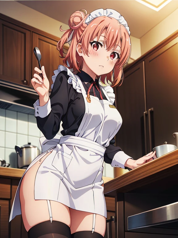 1girl, Short Hair, red hair, silver eyes, , hair bow, church, large breasts, smile, ,(wearing nothing:2),, cooking, nsfw,   (Sweating profusely, Love juice, Wet Woman, female ejaculation) , Nipples, Peeing, lactation, projectile lactation