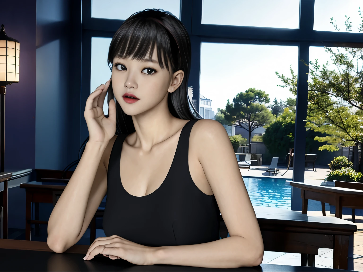 (Dark Photos、Unity、8k wallpaper)、(Very delicate and beautiful)、(masterpiece)、(highest quality:1.2)、(超A high resolution:1.3)、(Beautiful realistic Asian),Beautiful lighting、Perfect Lightning、Realistic Shadows、Fine skin、Very detailed、Detailed face and eyes、Realistic eyes、Sharp pupils、Huge ,Beautiful Face、Blurred Background、(Japanese women)、Shiny skin、Side Up、美しいBlack Hair、Blunt bangs、 Pure white high-leg swimsuit、Poolside at night優しい笑顔, ((Tabletop, highest quality)), (Shiny skin), Cinema Lighting, Physically Based Rendering, Award-winning, Very detailedな肌, Very detailedな顔, Beautiful eyes in every detail, Carl Zeiss 85mm F/1.4, (Standing position), (cumin , Chest and thighs), she'Very cute 16 years old , (Black Hair, Straight Long Hair, Open your eyes, blush), Big cleavage, (Sailor blouse, Pull up your pleated skirt yourself:1.3), Watching from afar, (Navy Knee Socks, Focus on the thighs),art、Pure white high-leg swimsuit、Poolside at night