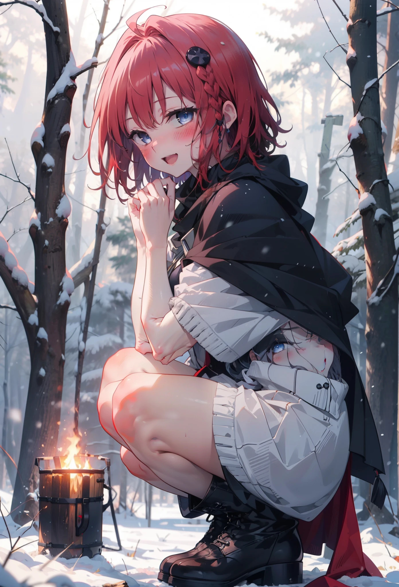 kurosaki mea,Red Hair,Long Hair,Long braids,Purple eyes,smile,smile,blush,White Breath,
Open your mouth,snow,A bonfire on the ground,,Outdoor, boots, snowing, From the side, wood, suitcase, Cape, Blurred, , forest, White handbag, nature,  Squat, Mouth closed, Cape, winter, Written boundary depth, Black shoes, red Cape break looking at viewer, Upper Body, whole body, break Outdoor, forest, nature, break (masterpiece:1.2), highest quality, High resolution, unity 8k wallpaper, (shape:0.8), (Beautiful and beautiful eyes:1.6), Highly detailed face, Perfect lighting, Highly detailed CG, (Perfect hands, Perfect Anatomy),