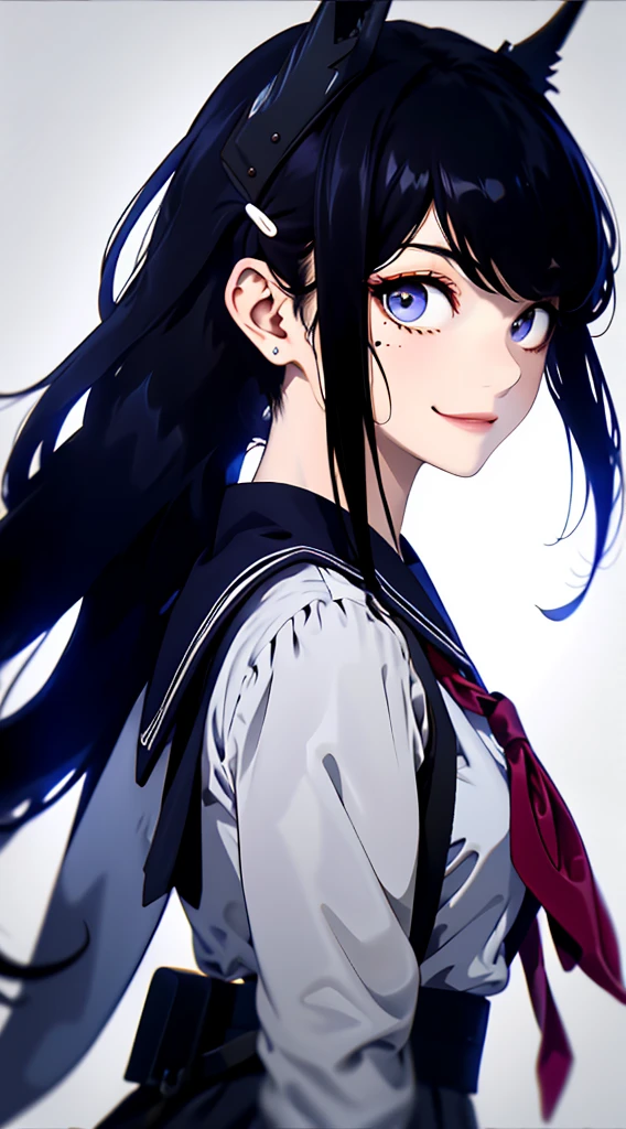 Black hair, bangs, curtained hair, crossed bangs, Long hair, Messy hair, pony tails, Very long hair, Black hair, bangs, curtained hair, crossed bangs, Long hair, Messy hair, pony tails, Very long hair, Big hair, ((Carrying a School Bag)), hair ear, hair tying, hair flaps, widow peak, head gear, Hair ribbon, kanzashi, hairpods, white hair ribbon, Moles under eyes, Raised eyebrows, eyeball, Evil smile, crazy, Shy, scowling, jitome, gloom (expression), Seductive smile, anime big breast, Minimalism, Anime style, anime big breast, Minimalism, Anime style, angle of view, From above, hyper HD, retinas, Masterpiece, ccurate, Textured skin, Super detail, High quality, High details, Award-Awarded, Best quality, A high resolution, 16k, hyper HD, retinas, Masterpiece, ccurate, Textured skin, Super detail, High quality, High details, Award-Awarded, Best quality, A high resolution, 16k((Old-fashioned sailor suit))((Short skirt))