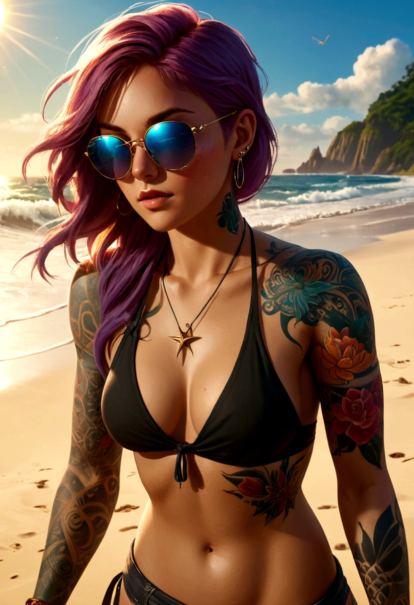 beach girl, sunglass, tattoos, deep color, intricate, 8k resolution concept art, natural lighting, beautiful composition, cinematic, concept art, breathtaking, splash arts