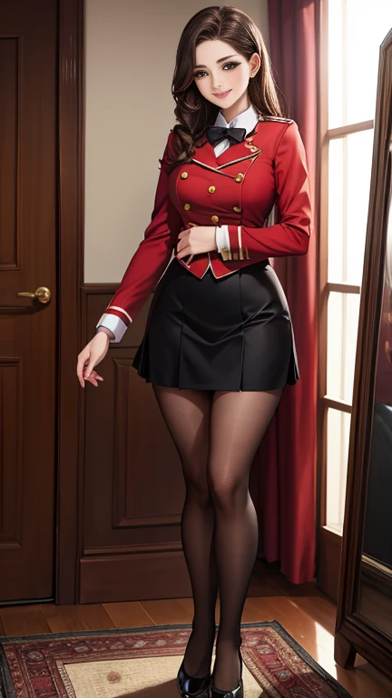highest quality, Full body portrait, Delicate face, Beautiful Face, Big eyes: 1.1, compensate: 1.2, 25-year-old female, The body is slim, Small Bust,With a smile、 OL Uniform, Women's White Collar Uniform, Office Uniforms, Black Stockings, Outdoor Scene, Are standing, Black Short Hair、