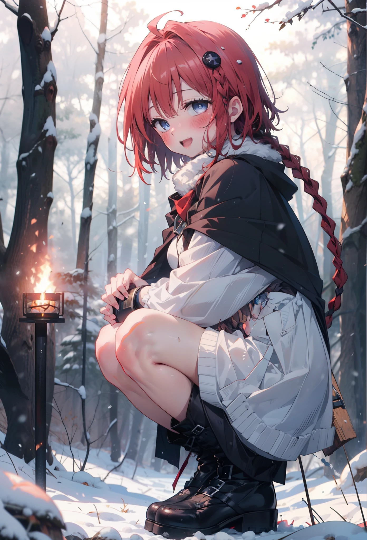 kurosaki mea,Red Hair,Long Hair,Long braids,Purple eyes,smile,smile,blush,White Breath,
Open your mouth,snow,A bonfire on the ground,,Outdoor, boots, snowing, From the side, wood, suitcase, Cape, Blurred, , forest, White handbag, nature,  Squat, Mouth closed, Cape, winter, Written boundary depth, Black shoes, red Cape break looking at viewer, Upper Body, whole body, break Outdoor, forest, nature, break (masterpiece:1.2), highest quality, High resolution, unity 8k wallpaper, (shape:0.8), (Beautiful and beautiful eyes:1.6), Highly detailed face, Perfect lighting, Highly detailed CG, (Perfect hands, Perfect Anatomy),