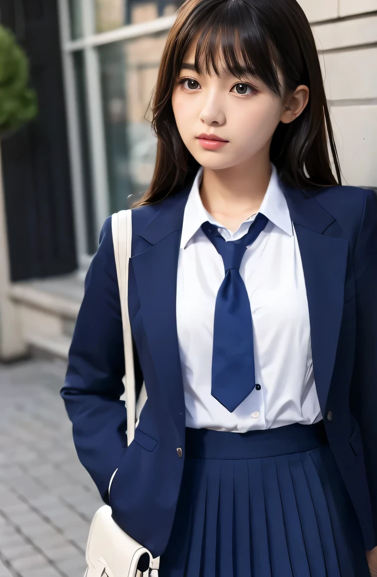 one beautiful girls、Dark blue blazer 、mini pleated skirt, A dark-haired、schools, open white shirt, 、early evening、14years、