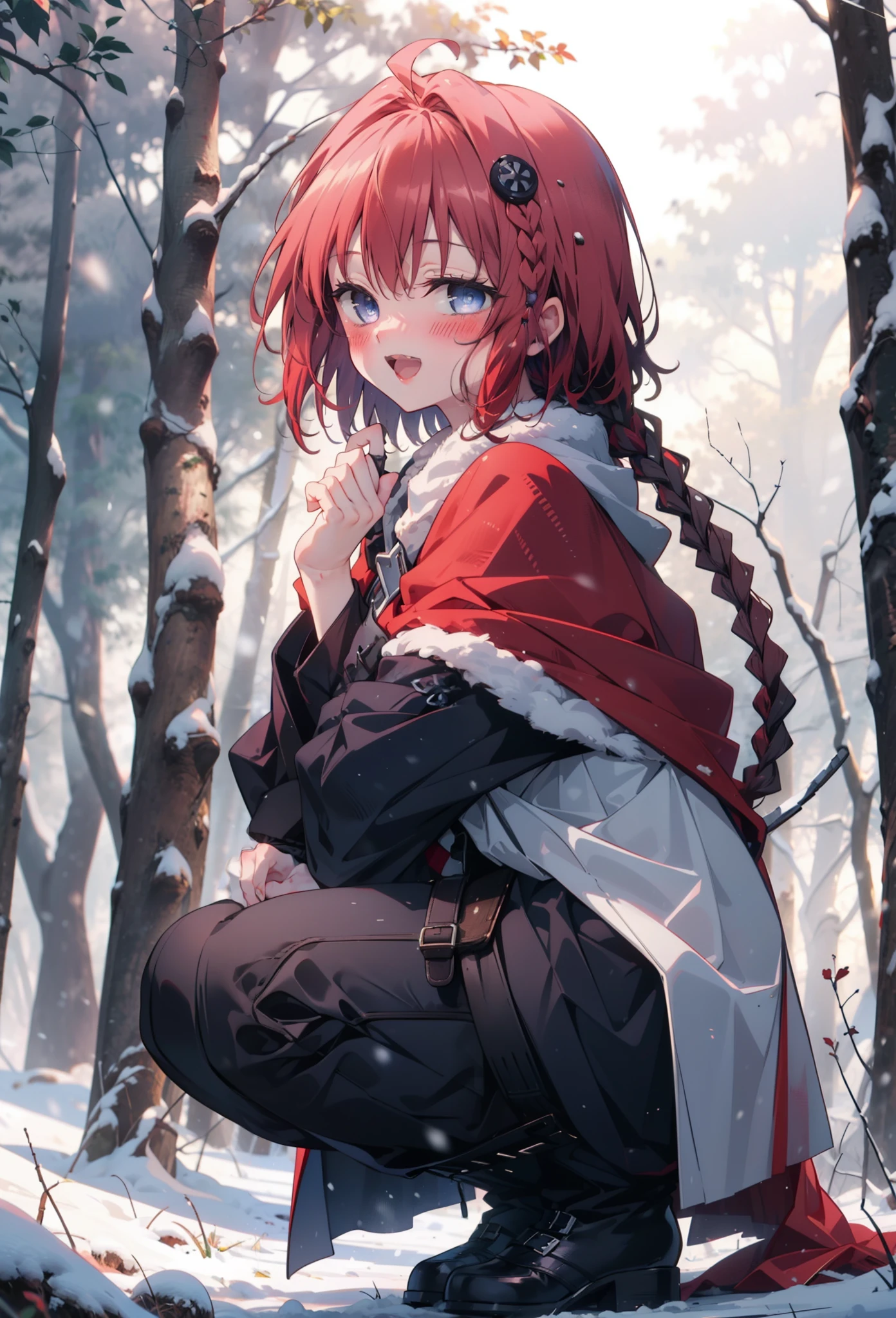 kurosaki mea,Red Hair,Long Hair,Long braids,Purple eyes,smile,smile,blush,White Breath,
Open your mouth,snow,A bonfire on the ground,,Outdoor, boots, snowing, From the side, wood, suitcase, Cape, Blurred, , forest, White handbag, nature,  Squat, Mouth closed, Cape, winter, Written boundary depth, Black shoes, red Cape break looking at viewer, Upper Body, whole body, break Outdoor, forest, nature, break (masterpiece:1.2), highest quality, High resolution, unity 8k wallpaper, (shape:0.8), (Beautiful and beautiful eyes:1.6), Highly detailed face, Perfect lighting, Highly detailed CG, (Perfect hands, Perfect Anatomy),