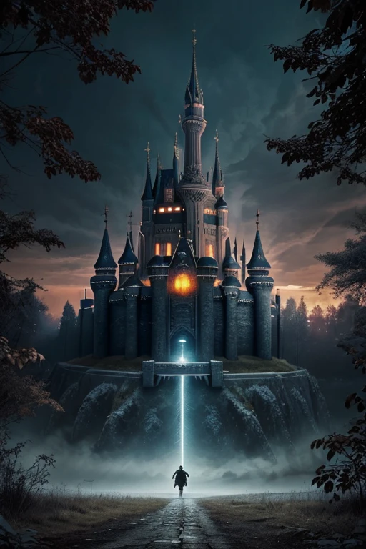 Make a book cover with a large castle on the top as capital of a kingdom and on the bottom side a dark dengerous magical forest with unknown magic and in the middle of the image make book title "WAR OF SPY" with cutting with sword style and bottom of the title author name " M B Anowar " and make it real