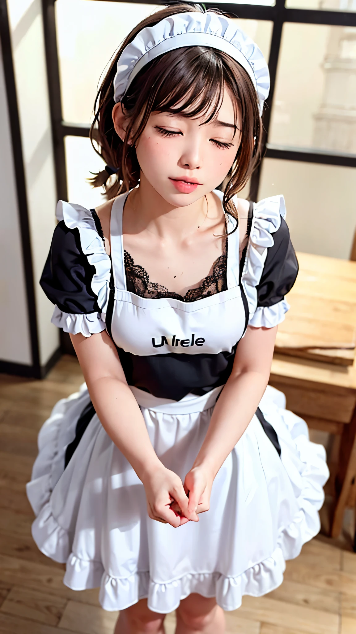 (8K photo quality、Ultra high definition、masterpiece, highest quality),1 girl, ****************、solo, ((whole body))、(((Naked Apron)))、Mini apron、(((White ruffled maid apron)))、((The apron is made of lace fabric))、kitchen、(((Close your eyes, look up a little, and make a kissing face.)))、Extending hands to the photographer、