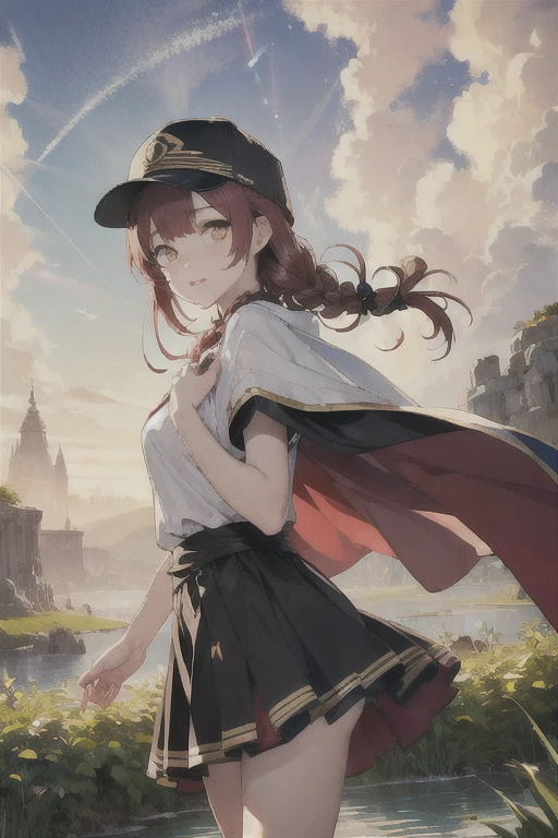 Red hair、Golden Eyes、Braiding、One beautiful girl、alone、anime、Checked mini skirt、Ruffles on skirts、Red T-shirt、Cape、Gothic、Black knee-high socks、Wear a baseball cap、Wear a ribbon、Ribbon on waist、Tilt your face、Teeth are visible、Sunset sky、break through the clouds、Contrail、Cumulonimbus、Pillar of Light、Silver coin necklace、A world of light、Shine、Tap from the top、Bell、torii、Desert Oasis、water is gushing out