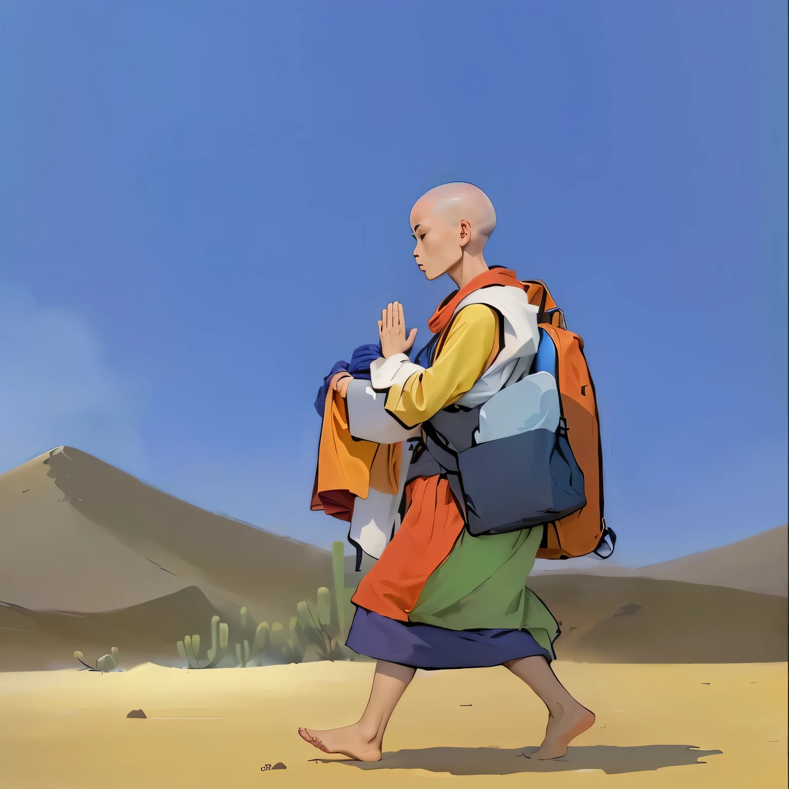 a cartoon of a man walking across a desert with a backpack, concept art of a monk, 2 1 st century monk, aang, inspired by Shūbun Tenshō, monk clothes, waving robe movement, fisting monk, avatar aang, Inspired by Tawaraya Sōtatsu, wearing flowing robes, ancient japanese monk