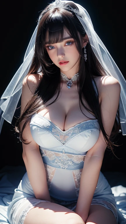 masterpiece, highest quality, Very detailed, To the camera, 複雑に詳細なVery detailed, Realistic, Sharp features, Very detailed, Sharp focus, Perfect Face, Perfect Face, Perfect symmetry and perfect eyes, Perfect Plump Lips, Flexible female form, Cinematic, Film Light, Very detailed, hyper Realistic, masterpiece, Atmospheric, High resolution, Vibrant, Dynamic Studio Lighting, ((Dark Background)), The expression when enduring pleasure, Straight bangs, blue eyes,,Exposed thighs、garter belt、Sexually aroused expressions、White Wedding Dress