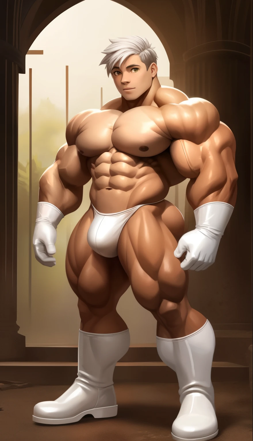 A ( face) 15 year old teen (15 yearsttractive boy, standing, full body. Mexican ethnicity. tanned skin, silver white hair, short hair bangs that fall on both sides of his youthful face. carefree expression, young man, alone, marked muscles, beautiful musculature, aesthetic stretch marks, inspiring physique, slender muscles, square pecs, beautiful V-cone, excellent abs and torso, chiseled abs, pectorals chiseled, perfect massive muscles, inflated muscles, voluminous pectorals, massive muscular body, a huge gigantic chest with a narrow waist, huge shoulders, ridiculously well-shaped large pecs, eight chiseled abs, (very toned and huge) with his military haircut and voluminous neck, narrow waist, golden eyes, young face, beautiful, young. Teen muscular young builder with extraordinary and firm back, chiseled muscles, rhomboid muscles, latissimus dorsi. Gigachad. He wears white gloves on his hands, and white boots. White thong(((White latex thong))) bulge in the crotch. Ruins of temple with forest background. standing, full body. (((Back))) huge firm muscular thighs, round buttocks and round butt with back, huge ass ((firm buttocks)) with big booty. (((white latex thong))) (((white gloves))) (((white boots))).