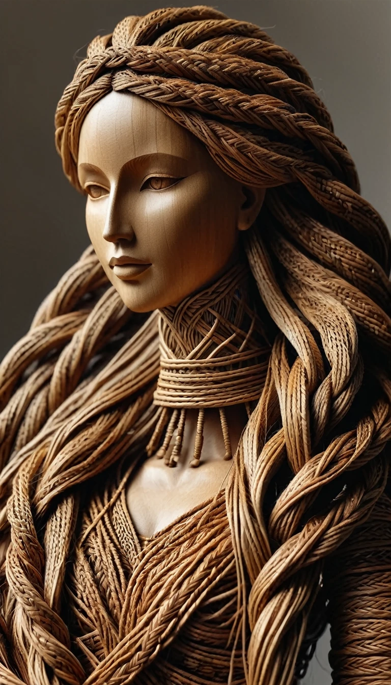 Sculpture du corp d'une sublime femme faite en rotin tressés, corps entier, highly detailed rattan, very long hair in dark raffia rope braided braids , Sculpture très détaillé, (poitrine effet push-up,  long sublime legs very detailed, marche vers moi, me regarde droit dans les yeux), (Best quality, 8k,masterpiece:1.2, hyperRéaliste:1.2)