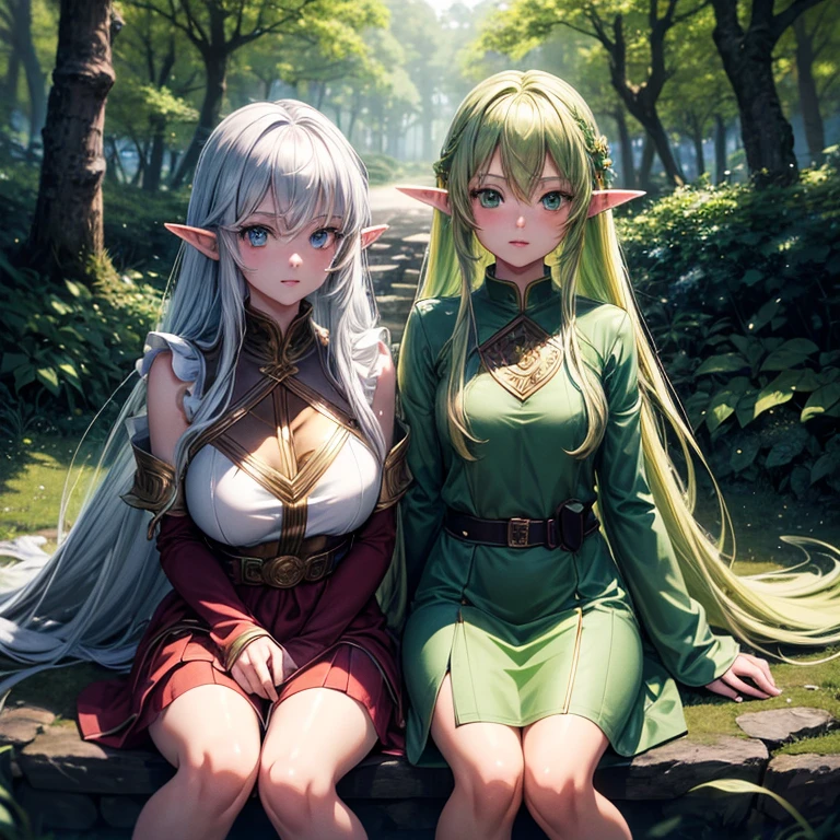 (8k, super details, award winning, high res), anime illustration, two elf girls. One with long silver hair, green eyes. The other with short golden hair, blue eyes, in a green tunic. Set in a magical forest with glowing flowers and ancient trees.
