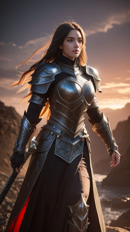a female warrior, medieval fantasy knight, heavily armored, holding a sword, fierce expression, long flowing hair, intricate armor details, bright magical energy, dramatic lighting, cinematic pose, epic landscape background, (best quality,4k,8k,high resolution,masterpiece:1.2),ultra-detailed,(Realistic,photoRealistic,photo-Realistic:1.37),fantasy art, digital painting, dramatic colors, dramatic lighting