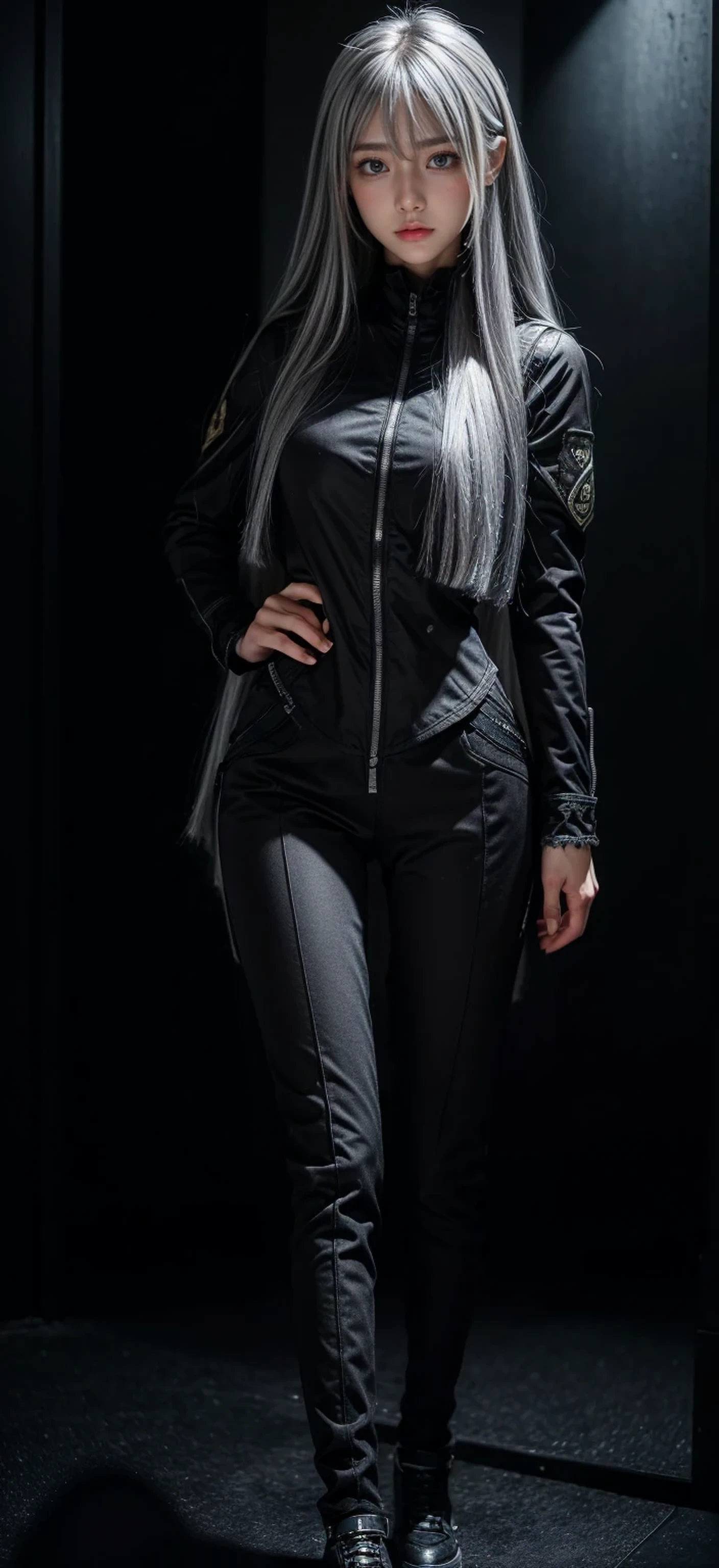 Military Uniforms,pants,black military uniform,whole body,Height: 168cm,almond shape eyes,{{{{{silver eyes}}}}},{{{{{dull bangs}}}}},(slanted eyes},{{whole body},{{{1 girl}}}, long hair, straight hair,{{{{silver hair}}}},{{{tsurime}}},30 years old,{Medium chest},{{bush}},silver eyes,{{{masterpiece}}}, {{{highest quality}}}, {{Super detailed}}, {shape}, {{very delicate and beautiful}},very detailed,detailed perfect,detailed hyper,Abundant thighs,black clothes