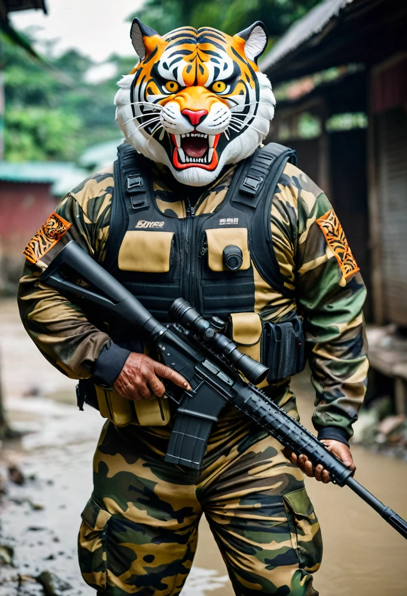 (a dark-skinned fat old man in a bulky camouflage zipper diver suit) carrying a sniper rifle and (wearing roaring siberian tiger mask that show the wearer eyes), muscular, Basuki Abdullah, sumatraism, action, a character portrait, heroic, fierce, snarling