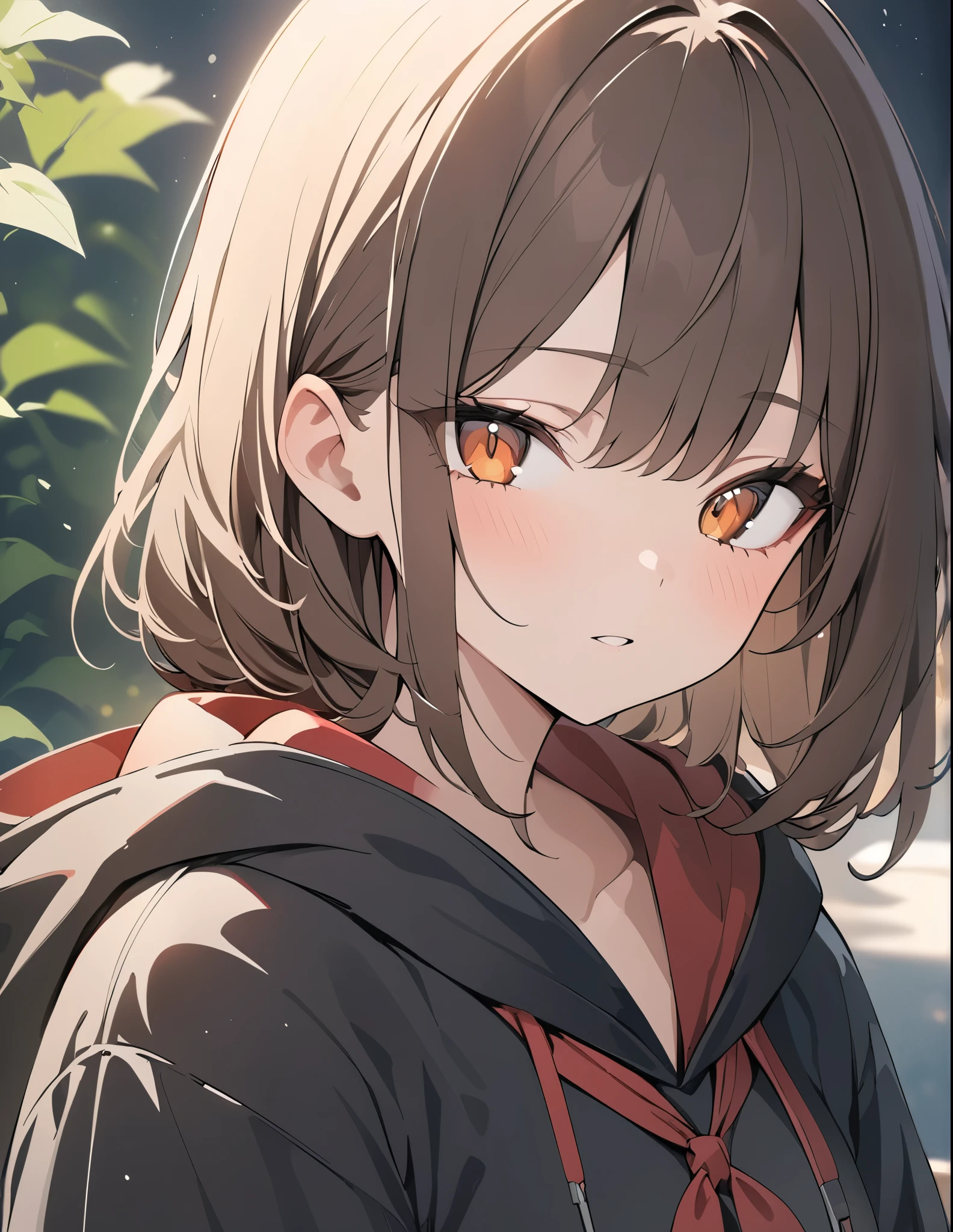 a girl with long brown hair, amber eyes, wearing a black hooded robe with a pop of red, detailed portrait, 35mm, f/1.2, UHD, high details, best quality, highres, masterpiece, handdrawn style, pale colors