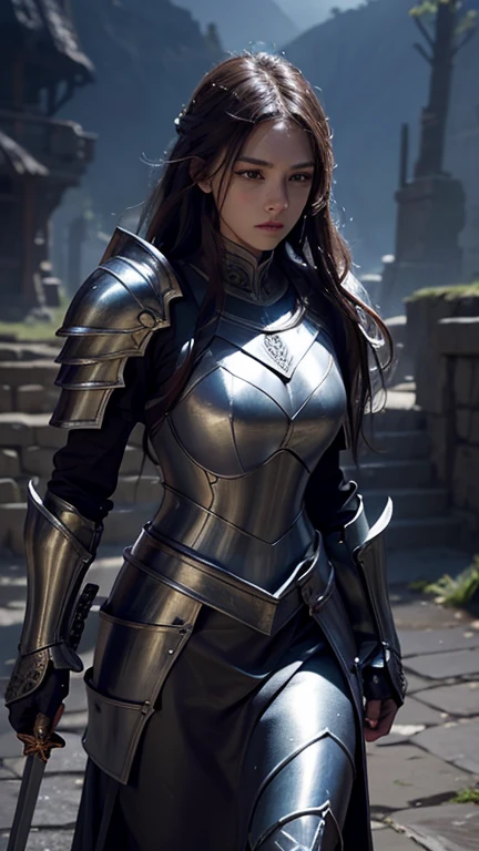 a female warrior, medieval fantasy knight, heavily armored, holding a sword, fierce expression, long flowing hair, intricate armor details, bright magical energy, dramatic lighting, cinematic pose, epic landscape background, (best quality,4k,8k,high resolution,masterpiece:1.2),ultra-detailed,(Realistic,photoRealistic,photo-Realistic:1.37),fantasy art, digital painting, dramatic colors, dramatic lighting