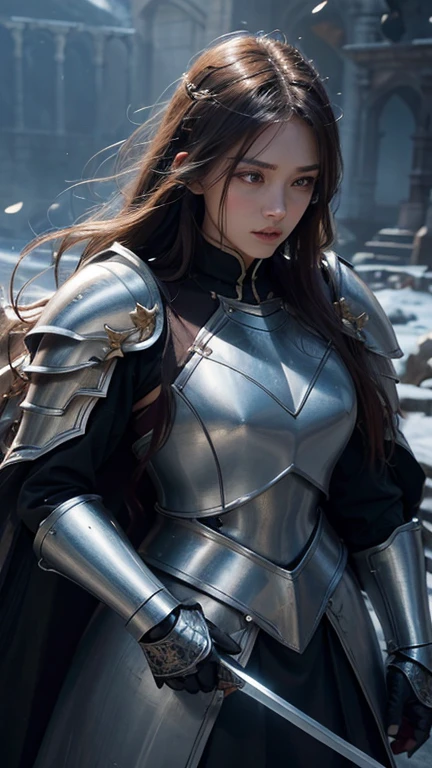 a female warrior, medieval fantasy knight, heavily armored, holding a sword, fierce expression, long flowing hair, intricate armor details, bright magical energy, dramatic lighting, cinematic pose, epic landscape background, (best quality,4k,8k,high resolution,masterpiece:1.2),ultra-detailed,(Realistic,photoRealistic,photo-Realistic:1.37),fantasy art, digital painting, dramatic colors, dramatic lighting